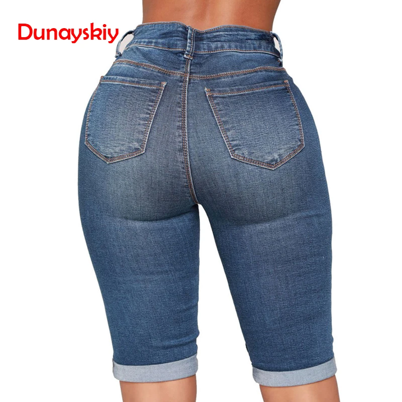 Skinny Jeans Women Middle Rise Elastic Denim Shorts Female Summer Knee Length Curvy Stretch Short Jeans Pants 2019 New Spring