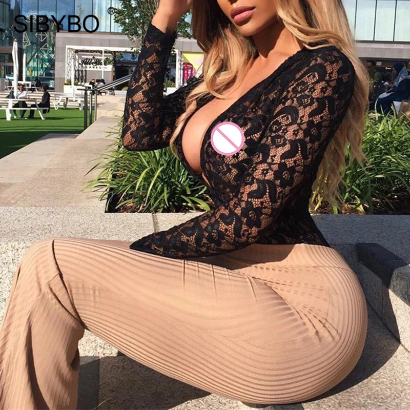 Sibybo Lace Crochet Transparent Sexy Women Bodysuit Deep V-Neck Long Sleeve Skinny Romper Women Nightclub Lace Bodysuit 2018 Sibybo Lace Crochet Transparent Sexy Women Bodysuit Deep V-Neck Long Sleeve Skinny Romper Women Nightclub Lace Bodysuit 2018
