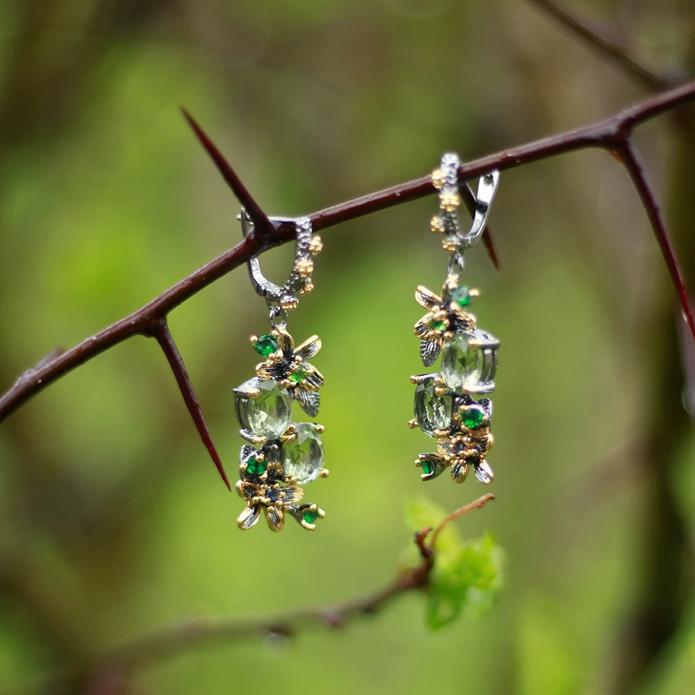 

Beautiful Dangle Earrings Light Oval Green Cubic Zirconia Stones Flower Leaf Jewellery Black Gold color Jewelry Drop earring