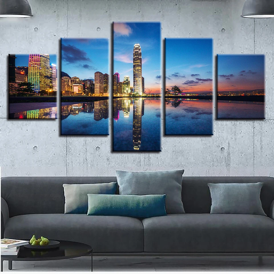 

Painting Modern Wall Art Live Wall 5 Panel Sunset Architectural Water Reflection Landscape Decoration Modular Picture Poster