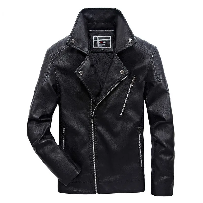 Брендовая мотоциклетная мужская кожаная куртка, осенняя и зимняя кожаная куртка, Мужская однотонная куртка из искусственной кожи со стоячим воротником, 5XL 6XL - Цвет: black