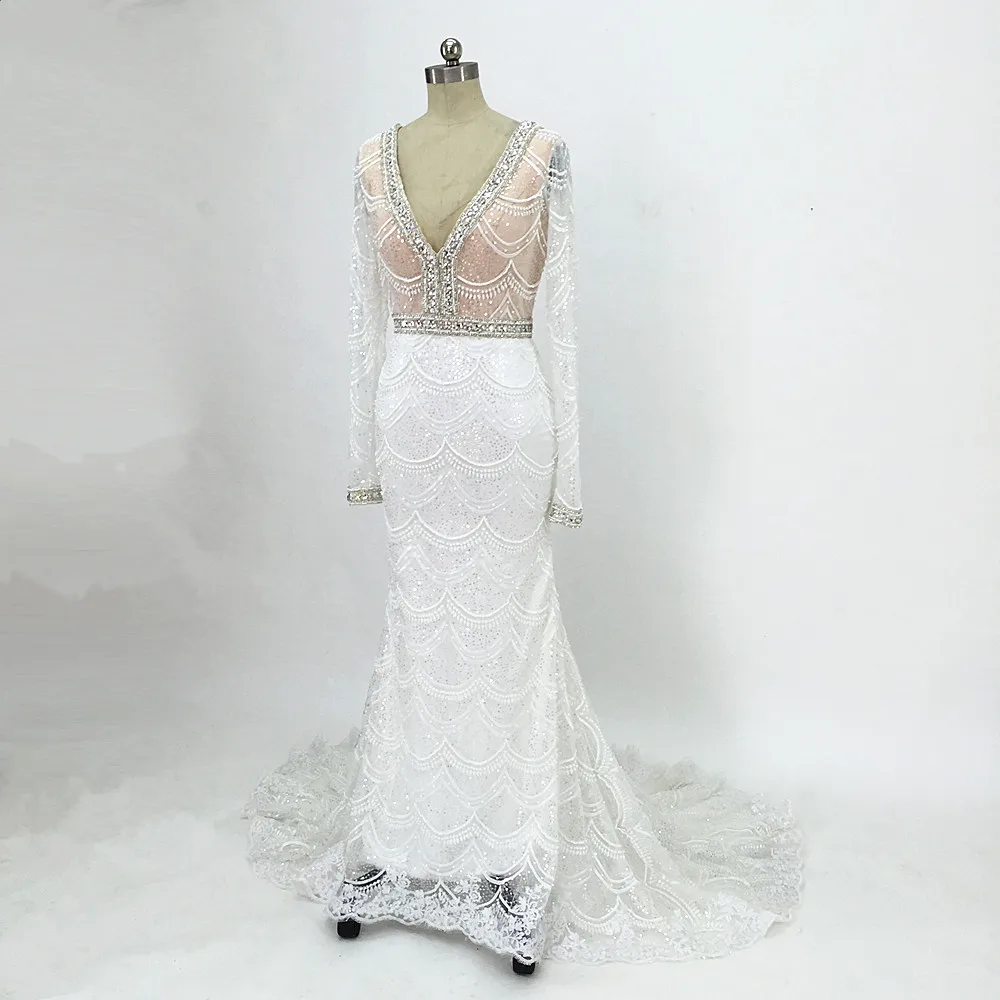 Шампанское Русалка кружево свадебное платье спинки Vestidos de novia Robe De Mariage одежда с длинным рукавом свадебное для невесты