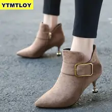 Сезон весна-осень; пикантные женские ботильоны на шпильке с острым носком; искусственная кожа застежка; Bota Feminina; Цвет Черный