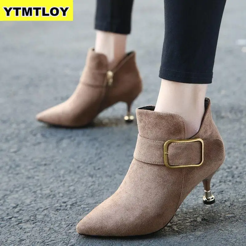 

2019 Spring Autumn Stiletto Thin High Heels Pointed Toe Faux Leather Zipper Style Sexy Ankle Womens Boots Bota Feminina Black