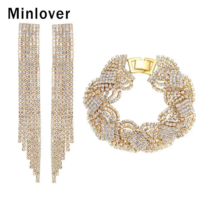 

Minlover Luxury Crystal Long Tassel Earrings Bracelet Sets for Women Gold Color Bride Wedding Jewelry Accessories EH424+SL076