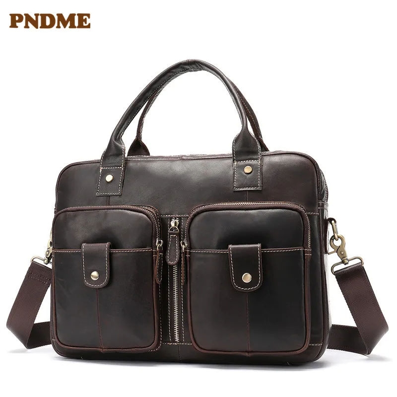 PNDME جلد أصلي للرجال المرأة حقيبة أعمال الأولى طبقة جلد البقر خمر حقيبة لابتوب بسيطة Crossbody أكياس