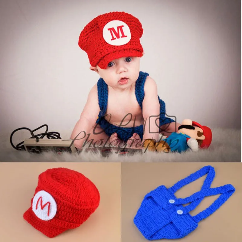 

New Top Sale Super Mario Design Newborn Photography Props Handmade Crochet Baby Hat and Shorts Set Infant Costume Outfit
