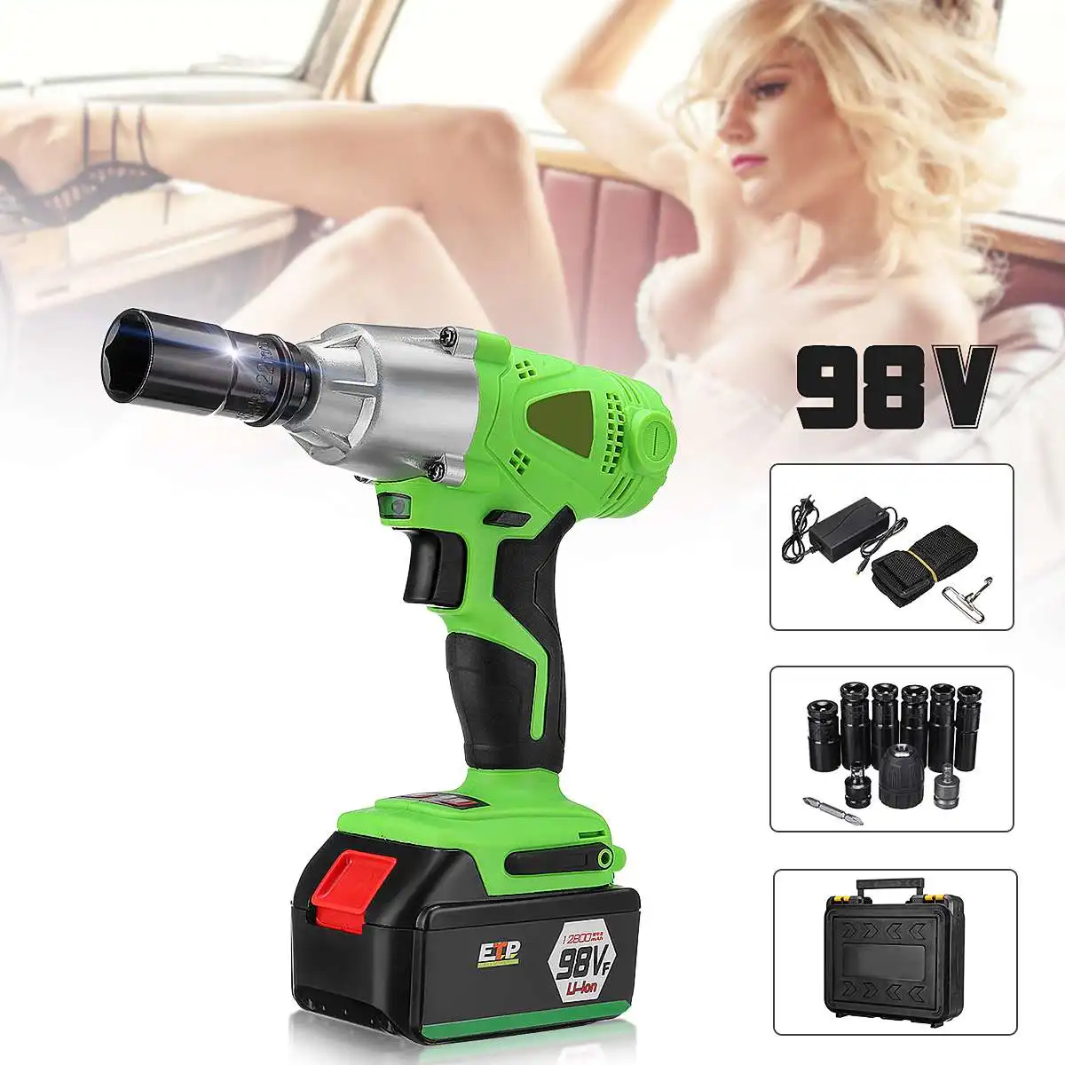 220V Cordless Impact Electric Wrench 12800-16800mAh Li Battery Hand Drill Socket 10mm Wrench Power Tool With LED Light - Color: 98VF