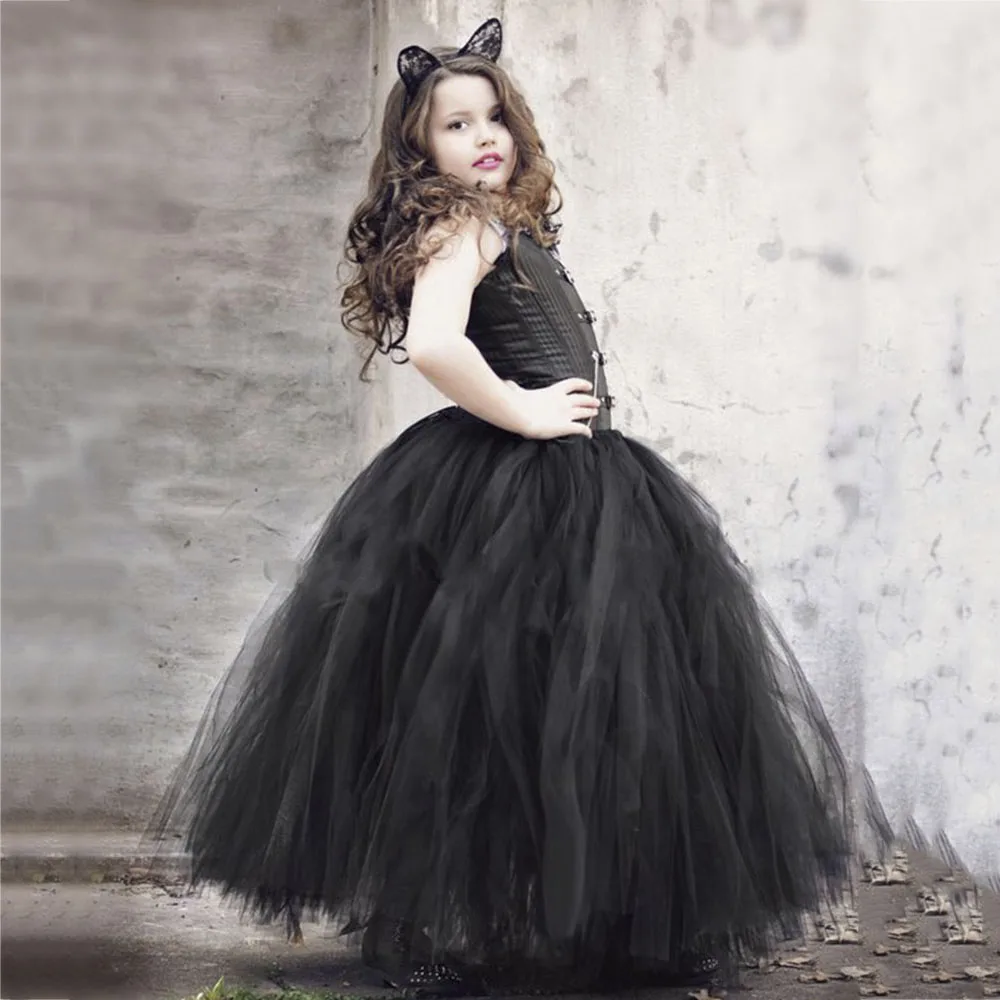 Black Solid Girls Tutu Skirt Kids Long Princess Girls Tutu Skirt Fluffy Cat Girls Halloween Party Cosplay Tulle Skirts Clothes (1)