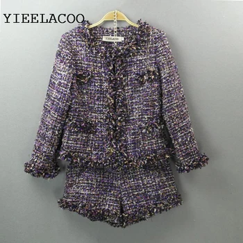 

Purple tweed jacket + shorts suits spring / autumn / winter women's jacket new 2pc Set lady's set slim women's shorts set