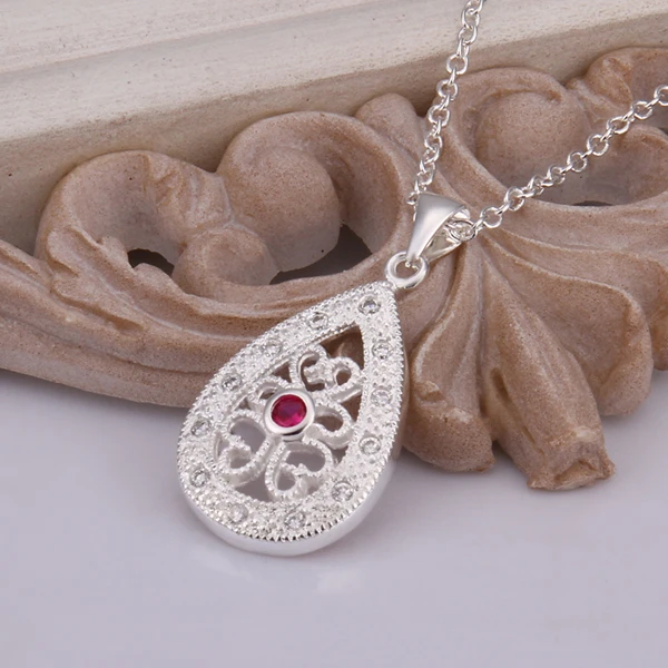 

925 Sterling silver pendant jewelry thick water drops with flower red stone pendant with Rolo chains women necklace gift