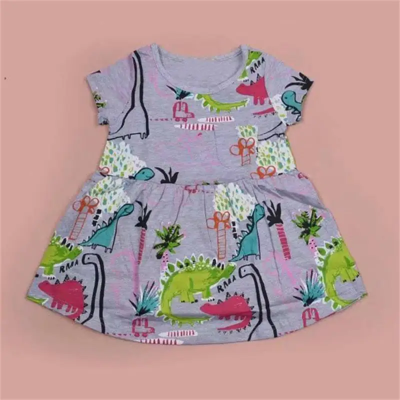 girls dinosaur dress baby girl dress cotton Round collar summer for girls party girl dinosaur