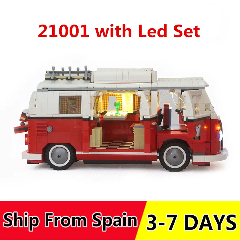 

21001 with LED Light Building Blocks Volkswagen T1 Camper Compatile 10220 Creator Self-Locking Bricks gift toys for Kids 1354PCS