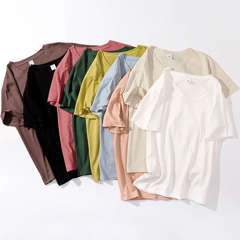 

T Shirt Women Cotton 2019 Summer Loose Style Solid Tee Shirt Female Short Sleeve Top Tees V-Neck T-shirt Women 9 Colors Big Size