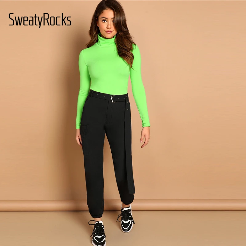 SweatyRocks, высокая горловина, неоновая форма лайма, облегающая футболка, уличная одежда, одноцветные обтягивающие элегантные футболки, Весенняя женская зеленая узкая Базовая футболка