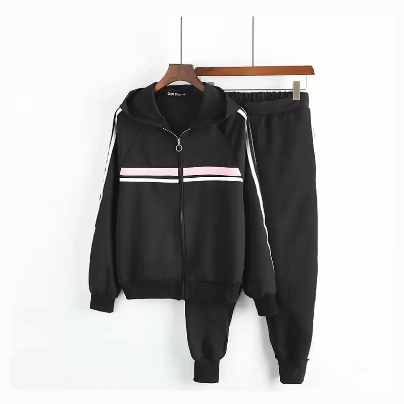 

Autumn Fashion Women Pink Striped Spliced Tracksuit Hooded Jacket Coat Loose Sports Set Elastic Waist Jogger Pencil Pants 2pcs