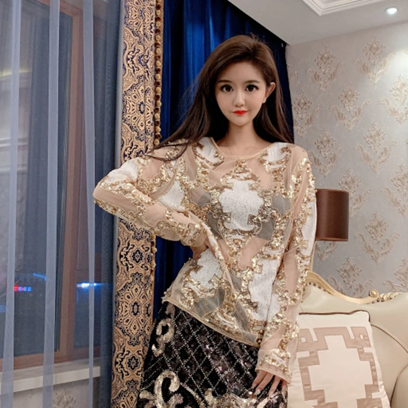 

SexeMara Fashion spring and summer The New Heavy work Beading Sequin Mesh perspective Lace shirt free shipping