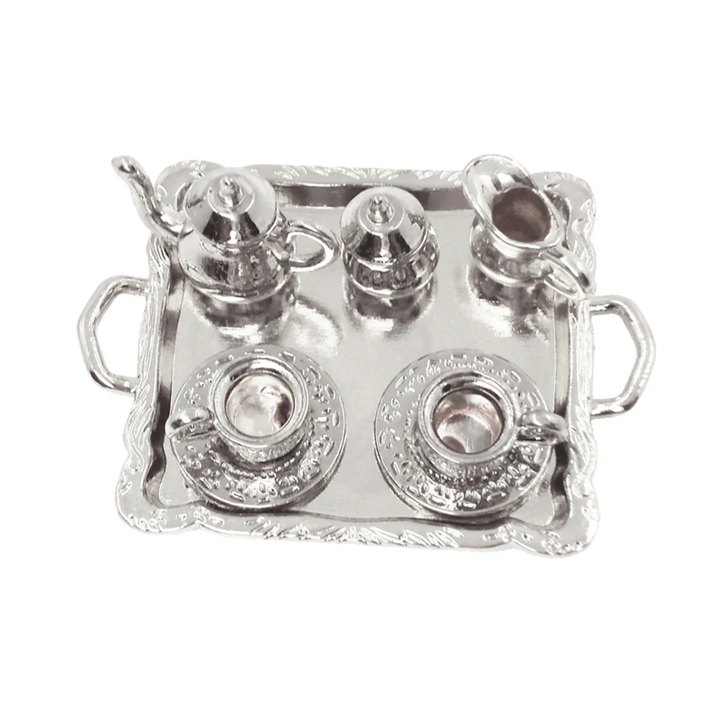 10pcs 1:12 Scale Metal Tea Lid Pot Cups Tray Serving Coffee Set Dollhouse Miniatures Doll Home Toys Accessories Silver