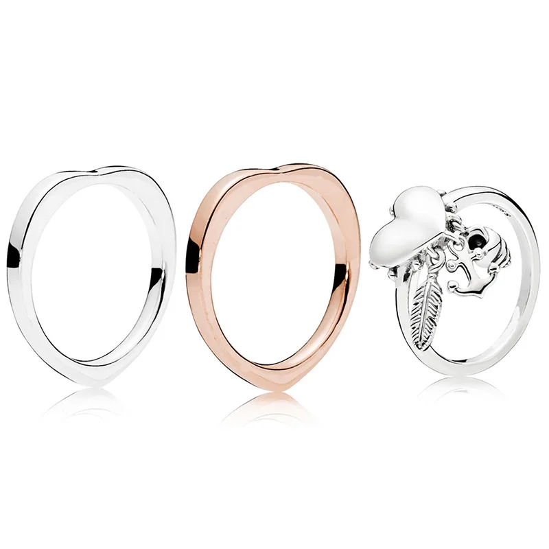 

3 Style 925 Sterling Silver Ring Charms Rose Gold Love Heart Feathers Ship Anchor Ring For Women Jewelry