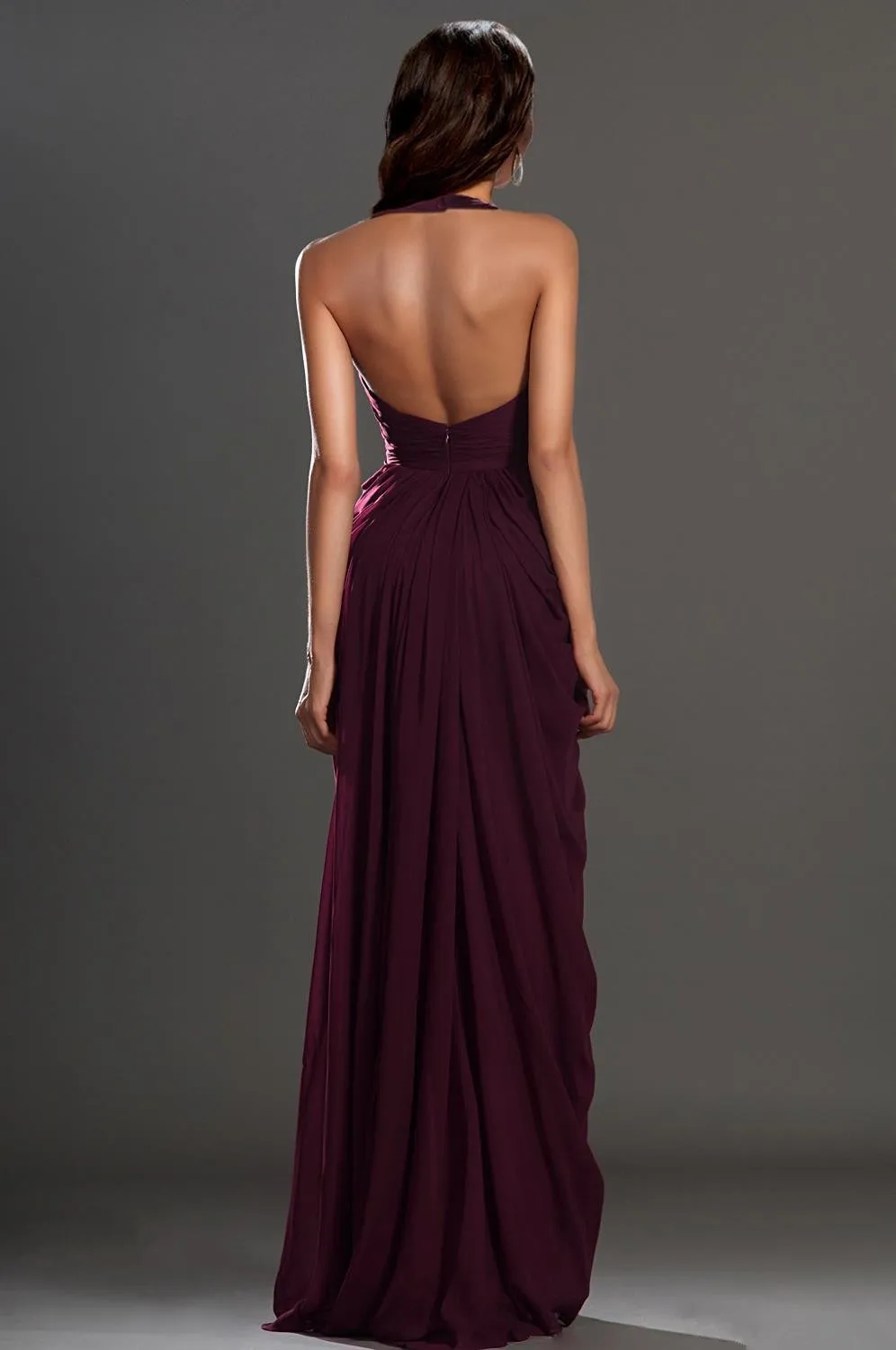1 2014 Gorgeous Prom Dresses Sexy Wine Red V Neck Backless Floor Length Split Front Draped Chiffon Evening Party Dresses (3)