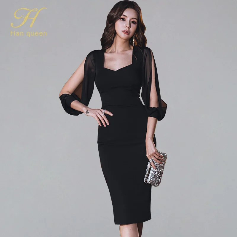 

H Han Queen Square Collar Hollow Out Solid Black Pencil Dress Women 2019 Spring Lantern Sleeve OL Fitted Sheath Bodycon Vestidos