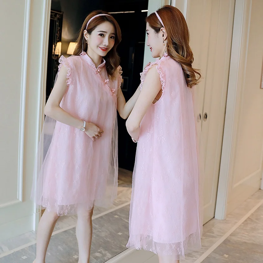 

Summer new loose mesh lace stitching sweet modified cheongsam maternity dress fashion pregnancy skirt