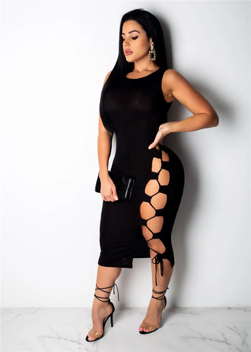 Women Sleeveless Tank Black Bandage Dress Sexy O-neck Hollow Out Knee-length Bodycon Midi Dress Celebrity Party Dresses Vestidos Women Sleeveless Tank Black Bandage Dress Sexy O-neck Hollow Out Knee-length Bodycon Midi Dress Celebrity Party Dresses Vestidos