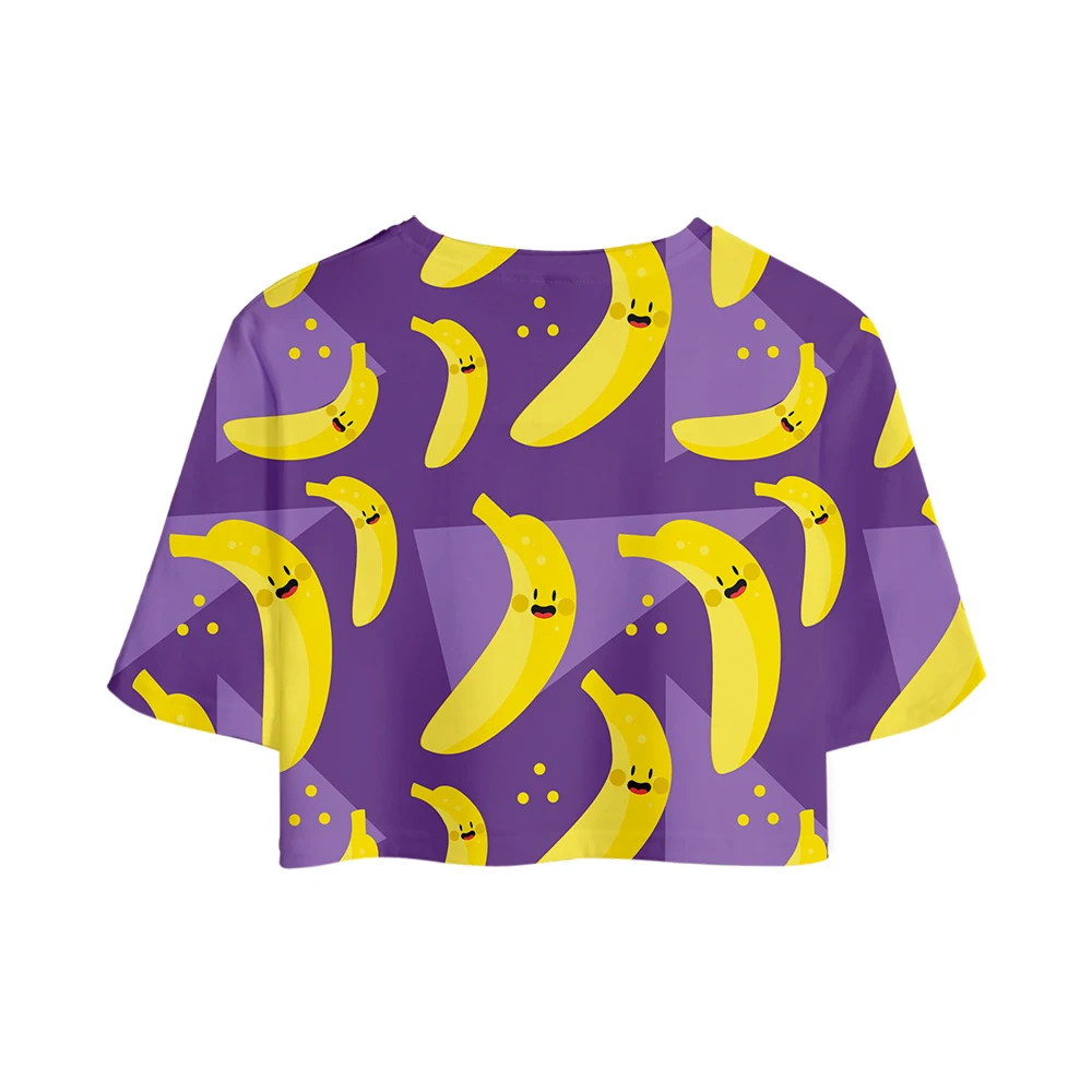 Летняя футболка фиолетового цвета с 3D-принтом «много бананов», открытая футболка для девочек и женщин с 3D-принтом «фрукты», повседневные крутые футболки с открытым пупком