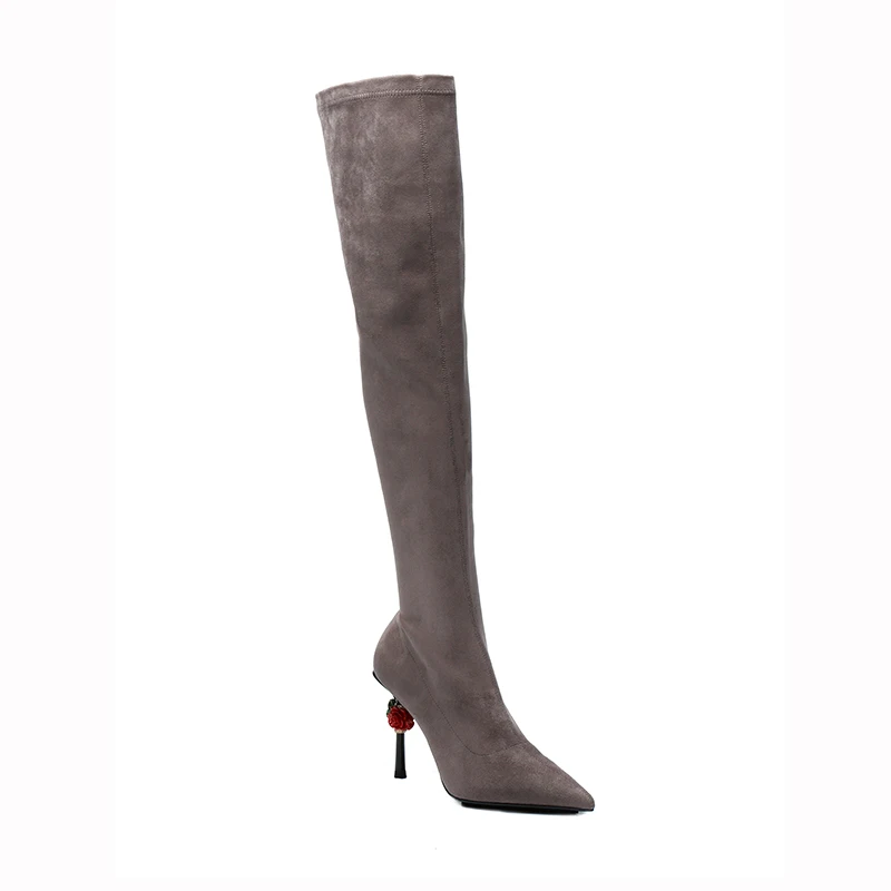 2018 Botas black Otoño Super Mujeres Negro Marrón Decoración La Estiramiento Altos Flores Brown Roja Muslo Cm Sobre Tacones Rosa Rodilla Invierno 10 Altas rCqB4UWnr