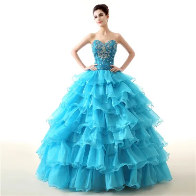 

New In Stock Ball Gown Cheap Quinceanera Dresses Organza With Beads Sequined Sweet 16 Dress For 15 Years Debutante Gown