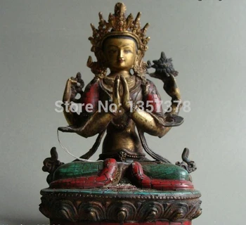 

shitou 001098 Nepal Buddhism pure Bronze inlay turquoise Red coral Four Arm Kwan-Yin Buddha