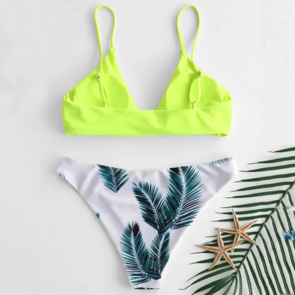 2019 Woman sexy solid color leaf print fresh split swimwear bikini set Brazilian beach swimming push up mujer brasile 40M29 (13)