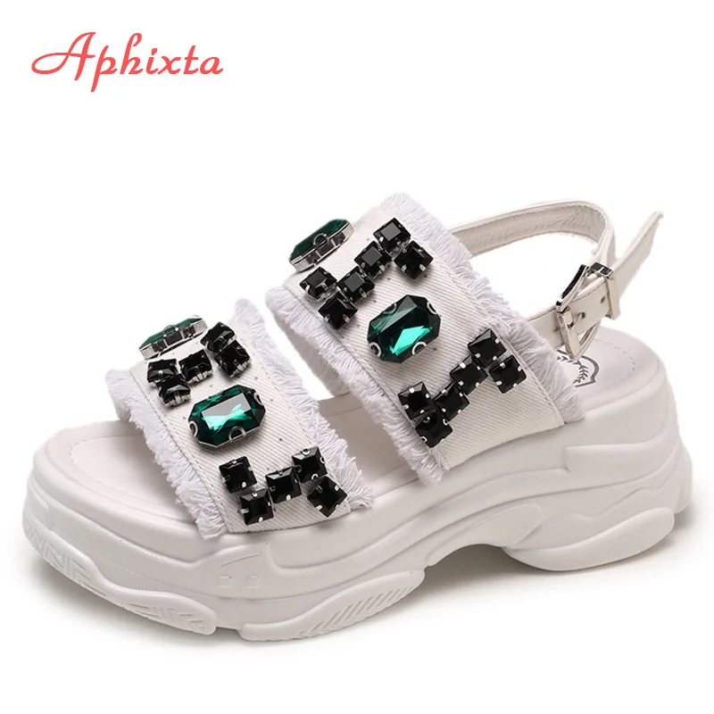 Aphixta Туфли на платформе и танкетке для дамские босоножки «Бриллиантовые» туфли Для женщин ткань Стразы с украшением в виде кристаллов Римские сандалии для девочек