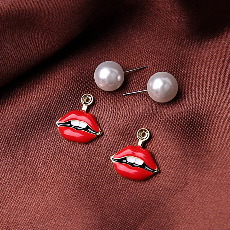 

Fashion woman Stud earrings female fashion jewelry pearl enamel glaze pearl red lips sweet temperament stud earrings for women