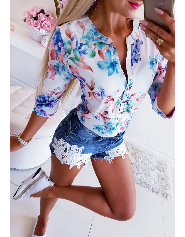 Women Half Sleeve Floral Loose Blouses Summer Casual Tops Female Shirt OL Ladies Button Blouse Streetwear Woman Clothes - Цвет: Синий