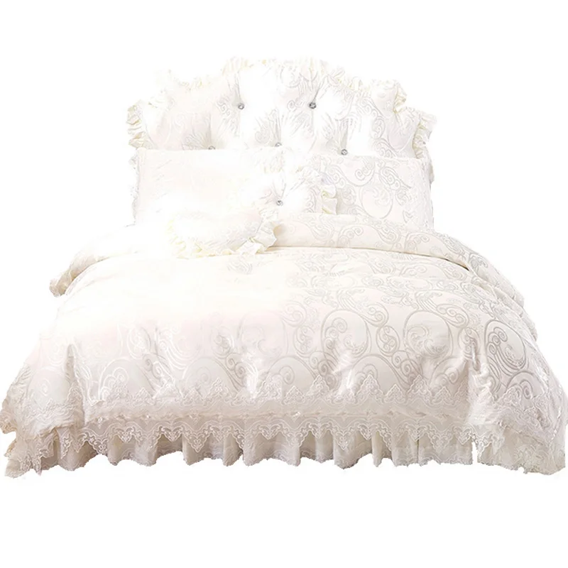 buy 100% cotton bedding sets Korean white princess lace duvet cover Double King Queen size Bed set Soft Bedclothes quilts bed skirt