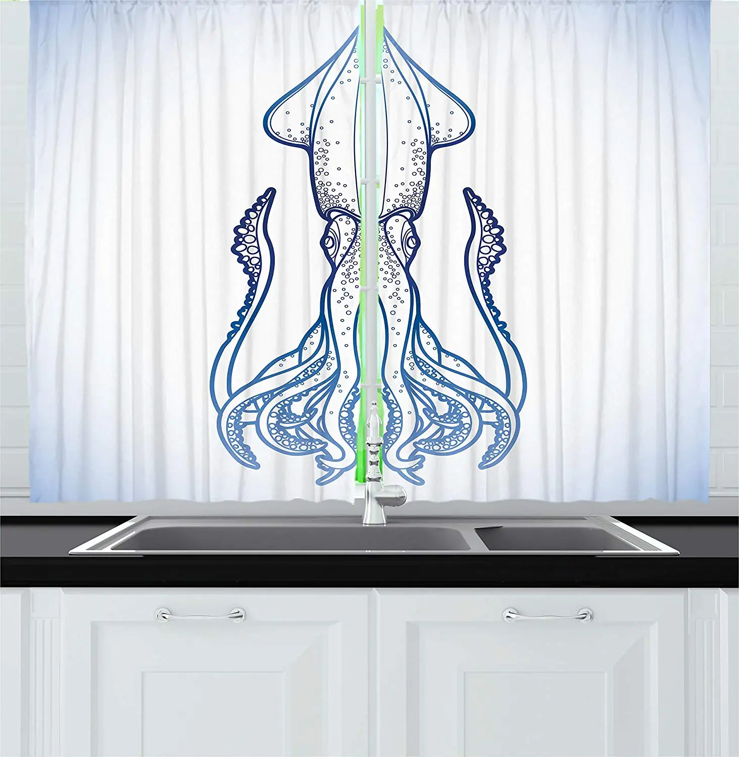 Кракен Декор кухня шторы кальмар фигура в классической линии художественный стиль графический мореходный морской создание изображение окна Декор