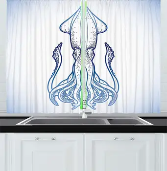 

Kraken Decor Kitchen Curtains Squid Figure in Classic Line Art Style Graphic Nautical Marine Creature Image Window Decor