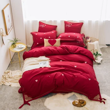 

Heart pattern Bedding Set red pink Bedspread Luxury Duvet Cover Double Bed Sheets Linens Queen King wedding Bedclothes