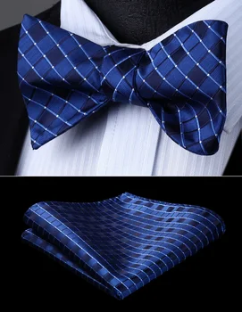 

Men Woven Party Wedding Navy Blue Plaid & Chcek Self Bow Tie Pocket Square Set#BC717VS Bow Tie handkerchief set