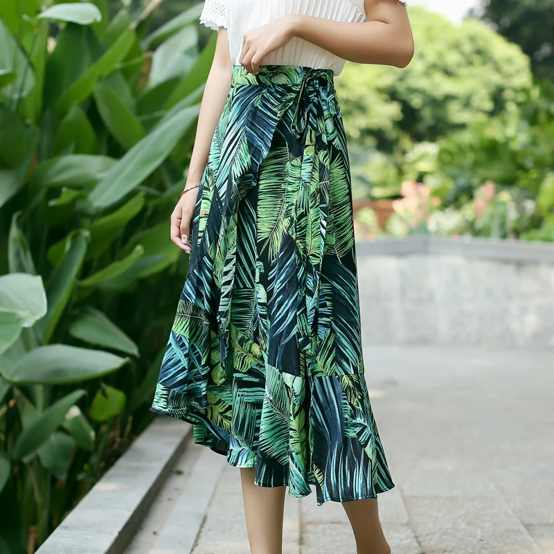 Green Floral Print Chiffon Midi Skirt for Women 2018 Newest Summer