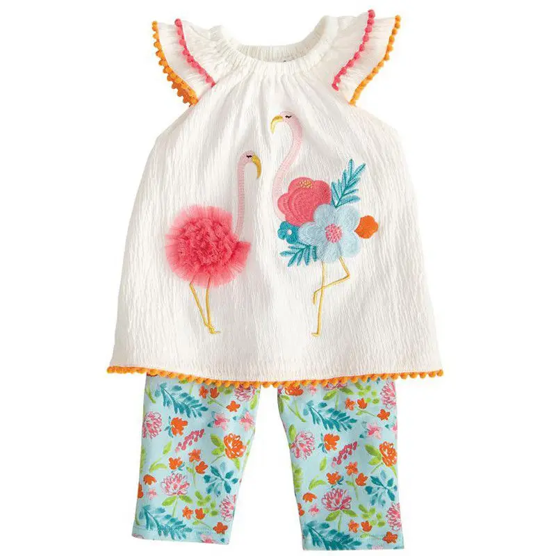 

0-7T Toddler Kids Baby Girls Clothes 3D Embroidery Summer Tops Flower Tunic flamingo tassels Vest Boho Beach Pants 2pcs Outfits