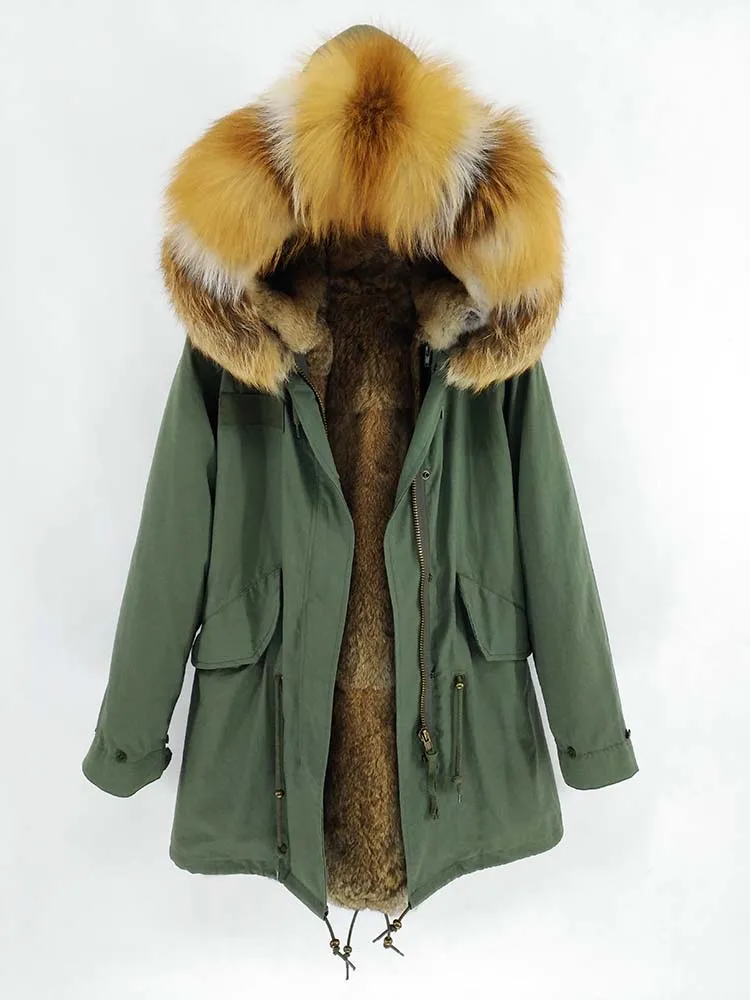 Непромокаемая парка Зимняя куртка Для женщин Настоящее меховое пальто Натуральный воротник Натуральный Мех кролика Длинная одежда для улицы - Цвет: red fox fur collar