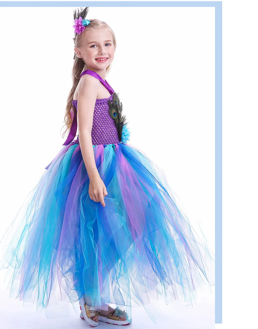 Peacock Feather Flower Girl Tulle Tutu Dress Pageant Wedding Halloween Costume Kids Birthday Party Purim Couture Dress (17)