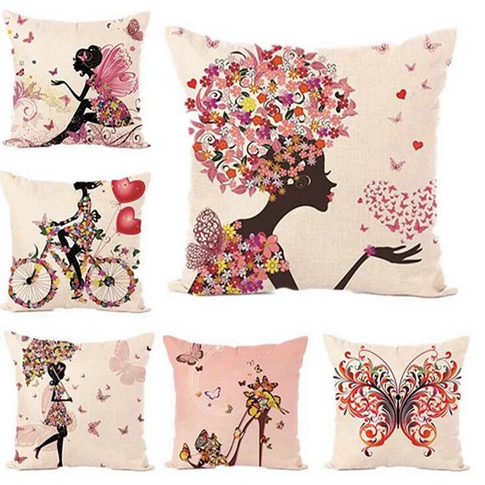 

45*45cm Flower fairy hot printed linen pillow cover covers butterfly girls pillow case Home bedding hotel Decorative pillowcase