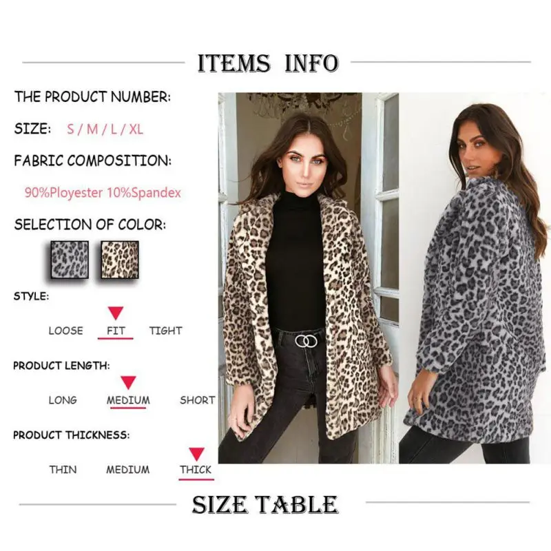 Women Winter Faux Fur Lapel Coat Warm Sexy Leopard Print Coat Fashion Long Sleeve Outerwear