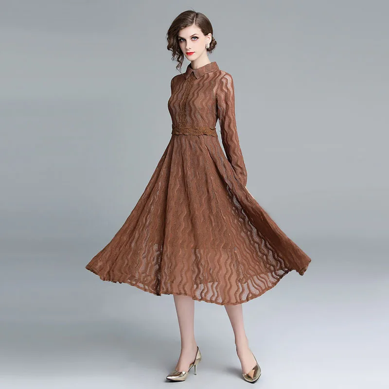 

Autumn Fashion 2018 Turn-down Collar Long Sleeve Lace Dress Women Casual Solid A-line Sexy Dresses Vestidos N6118 613