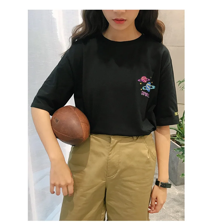 2018 Halajuku Cotton Planet Printed Letter Embroidered Loose Causal Short Sleeve Female T-shirts