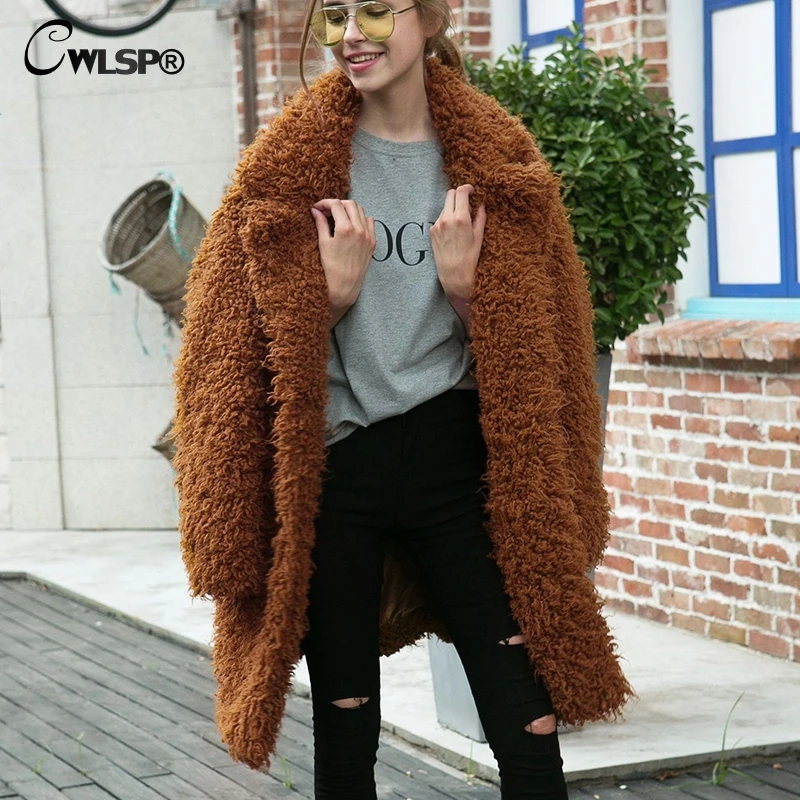 

CWLSP Women Winter Faux Fur Long Women Coat Fashion Outwear Femme Overcoat Plus Size Warm Feminine Long Coat 3XL QZ3130