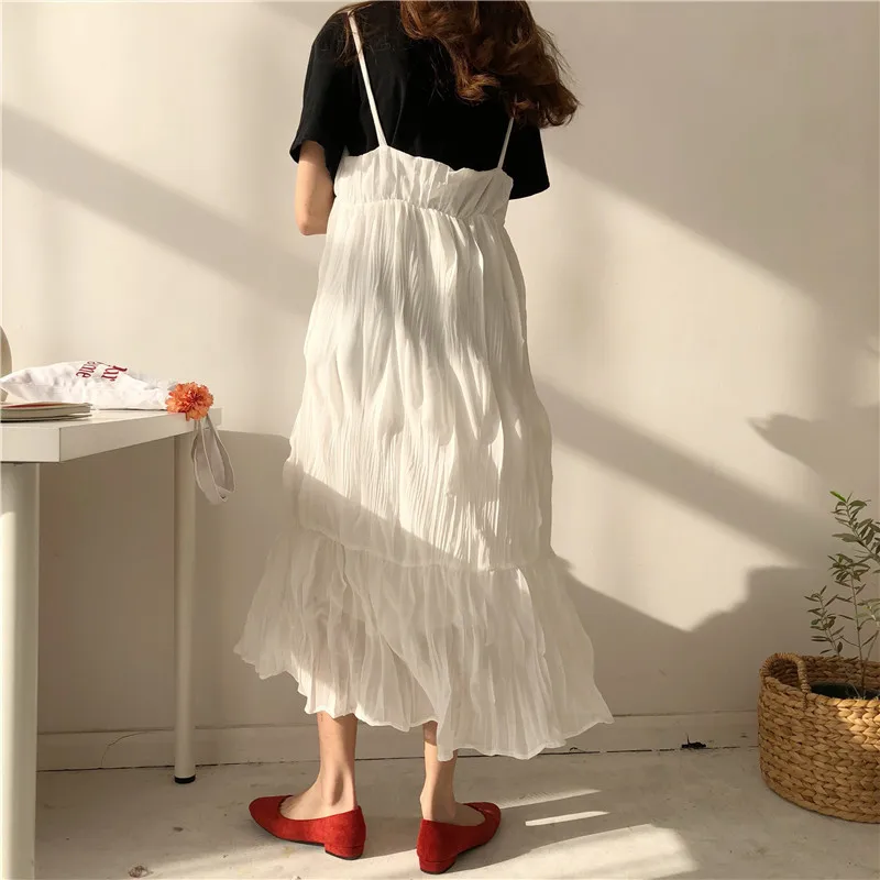 

Summer 2019 New Fashion Thin White Black Vintage Solid Color Loose Long Pleated Dress Plus Size